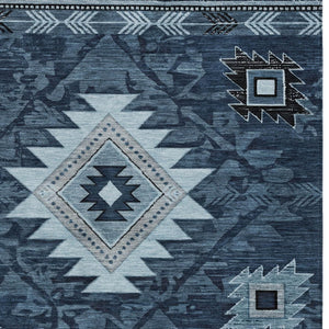 HomeRoots 10' Stylish Blue Ivory Charcoal Tribal Area Rug – Washable, Indoor/Outdoor, Stain-Resistant Comfort! 619894