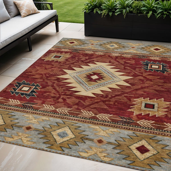 HomeRoots 5' X 8' Tribal Area Rug in Rust Beige & Charcoal - Washable, Durable for Indoor & Outdoor Use! 619902