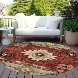 HomeRoots 8' Round Tribal Washable Rug in Rust Beige & Charcoal - Stylish, Durable for Indoor & Outdoor Spaces 619903