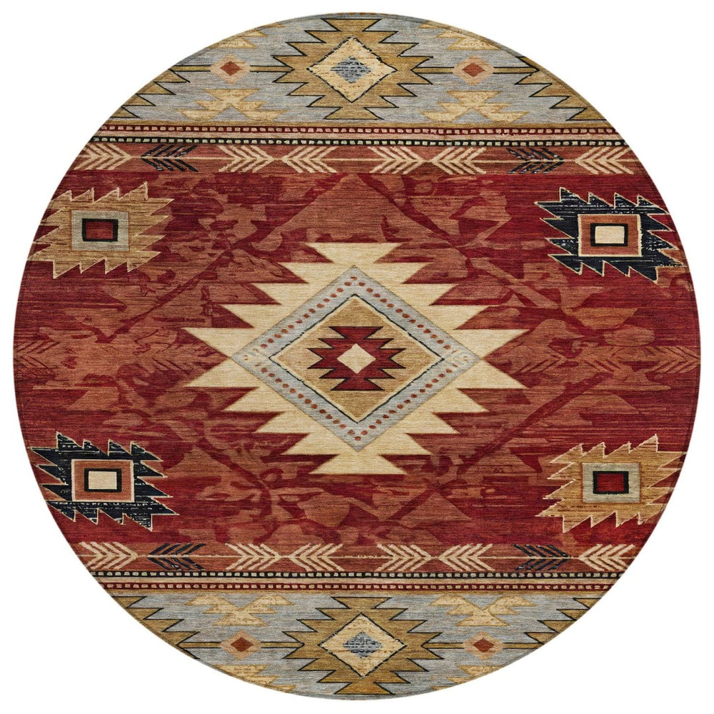 HomeRoots 8' Round Tribal Washable Rug in Rust Beige & Charcoal - Stylish, Durable for Indoor & Outdoor Spaces 619903