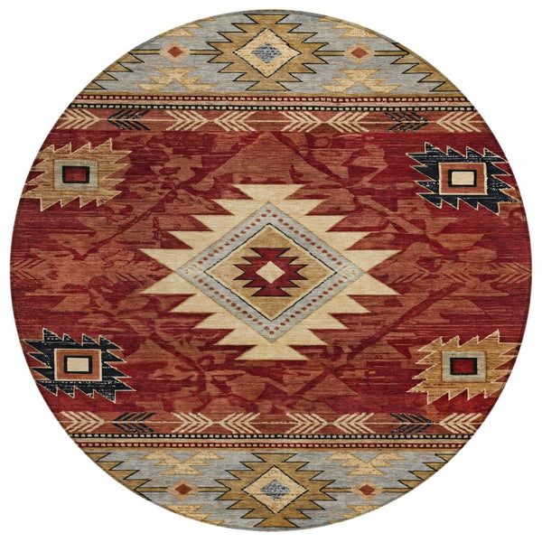 HomeRoots 8' Round Tribal Washable Rug in Rust Beige & Charcoal - Stylish, Durable for Indoor & Outdoor Spaces 619903