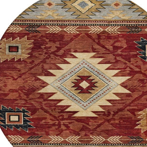 HomeRoots 8' Round Tribal Washable Rug in Rust Beige & Charcoal - Stylish, Durable for Indoor & Outdoor Spaces 619903