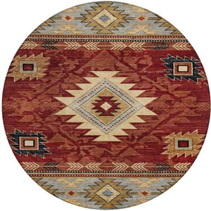 HomeRoots 8' Round Tribal Washable Rug in Rust Beige & Charcoal - Stylish, Durable for Indoor & Outdoor Spaces 619903