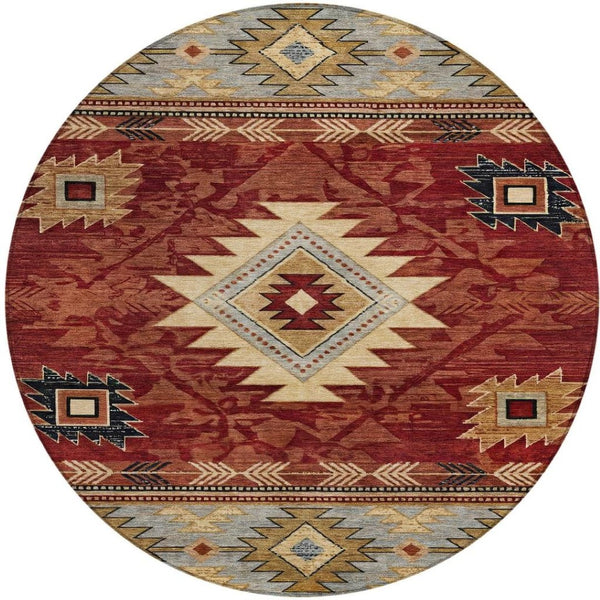 HomeRoots 8' Round Tribal Washable Rug in Rust Beige & Charcoal - Stylish, Durable for Indoor & Outdoor Spaces 619903