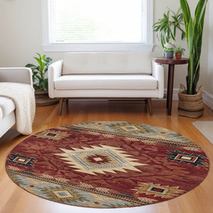 HomeRoots 8' Round Tribal Washable Rug in Rust Beige & Charcoal - Stylish, Durable for Indoor & Outdoor Spaces 619903