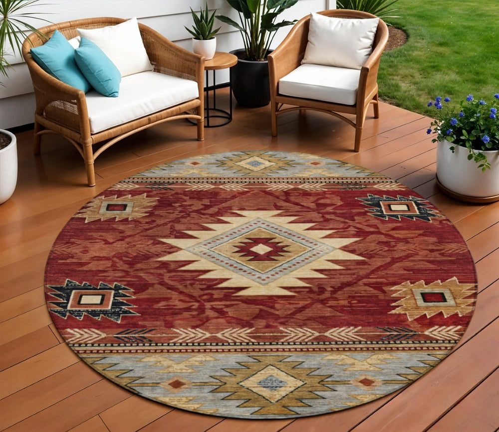 HomeRoots 8' Round Tribal Washable Rug in Rust Beige & Charcoal - Stylish, Durable for Indoor & Outdoor Spaces 619903
