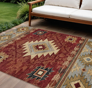 HomeRoots 10' Tribal Washable Area Rug in Rust Beige & Charcoal - Durable Indoor/Outdoor Decor Solution! 619906