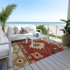 HomeRoots 10' Tribal Washable Area Rug in Rust Beige & Charcoal - Durable Indoor/Outdoor Decor Solution! 619906