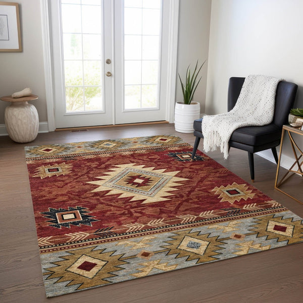 HomeRoots 10' Tribal Washable Area Rug in Rust Beige & Charcoal - Durable Indoor/Outdoor Decor Solution! 619906