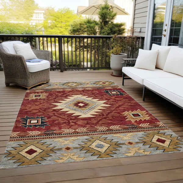 HomeRoots 10' Tribal Washable Area Rug in Rust Beige & Charcoal - Durable Indoor/Outdoor Decor Solution! 619906