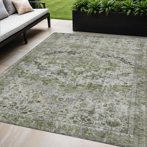 HomeRoots 5' Indoor Outdoor Floral Area Rug - Artichoke Green, Gray & Silver Design for Versatile Spaces 619908
