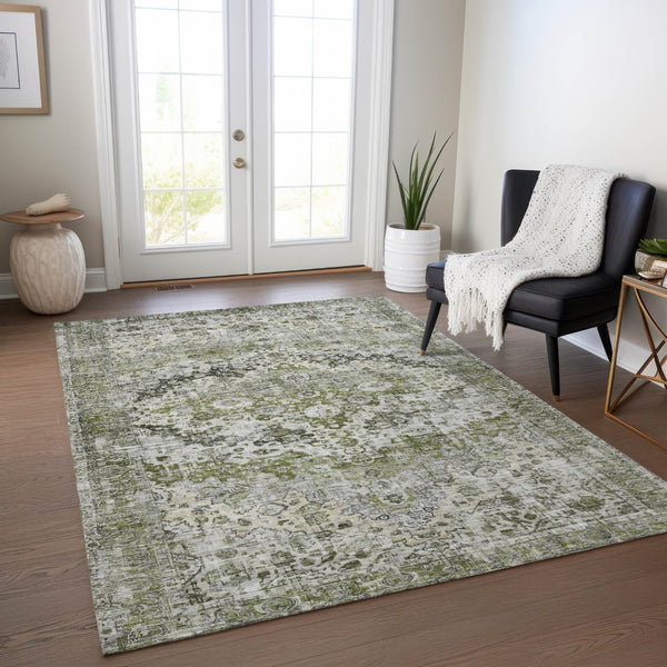 HomeRoots 5' Indoor Outdoor Floral Area Rug - Artichoke Green, Gray & Silver Design for Versatile Spaces 619908
