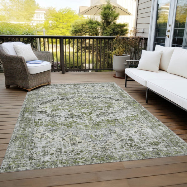 HomeRoots 5' Indoor Outdoor Floral Area Rug - Artichoke Green, Gray & Silver Design for Versatile Spaces 619908