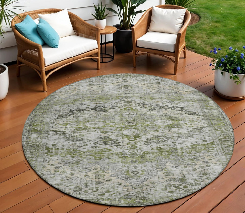 HomeRoots 8' Artichoke Green Floral Area Rug - Stylish, Washable, Indoor/Outdoor, Durable, Stain Resistant Design 619909