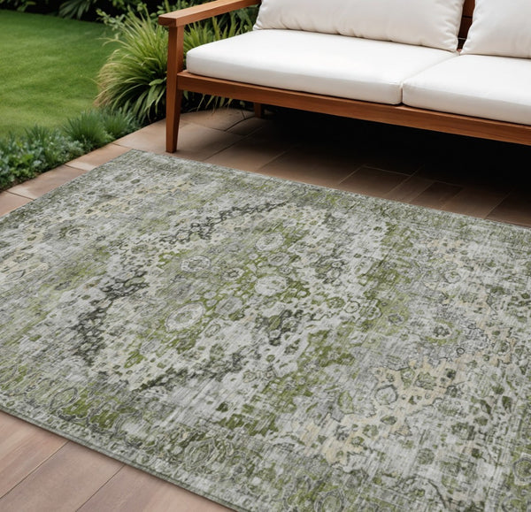 HomeRoots 10' Artichoke Green Gray Silver Floral Washable Rug - Durable Indoor Outdoor Area Rug for Any Space 619912