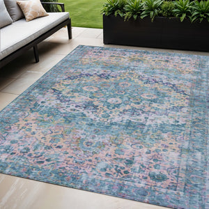HomeRoots 5' Charming Denim Blue, Beige & Pink Floral Washable Area Rug for Indoor/Outdoor Spaces, Durable Design 619920