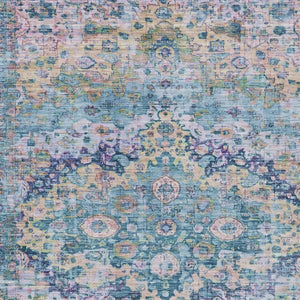 HomeRoots 5' Charming Denim Blue, Beige & Pink Floral Washable Area Rug for Indoor/Outdoor Spaces, Durable Design 619920