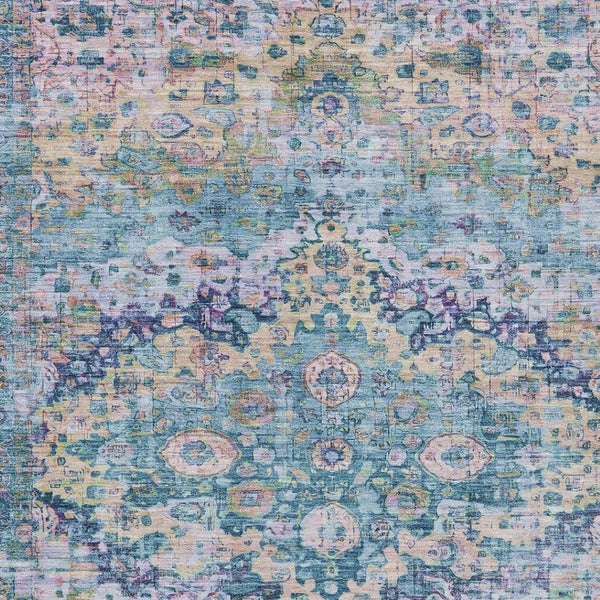 HomeRoots 5' Charming Denim Blue, Beige & Pink Floral Washable Area Rug for Indoor/Outdoor Spaces, Durable Design 619920