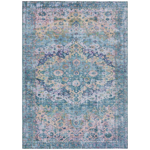 HomeRoots 5' Charming Denim Blue, Beige & Pink Floral Washable Area Rug for Indoor/Outdoor Spaces, Durable Design 619920