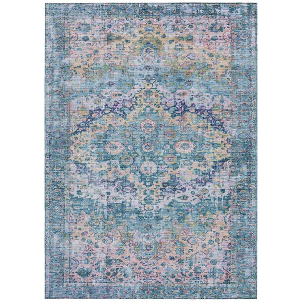HomeRoots 5' Charming Denim Blue, Beige & Pink Floral Washable Area Rug for Indoor/Outdoor Spaces, Durable Design 619920