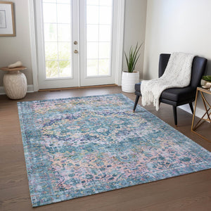 HomeRoots 5' Charming Denim Blue, Beige & Pink Floral Washable Area Rug for Indoor/Outdoor Spaces, Durable Design 619920