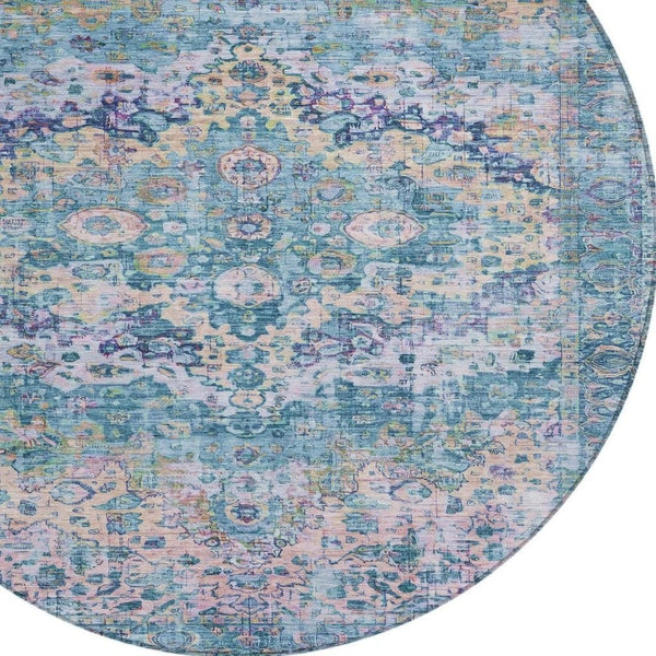 HomeRoots 8' Stylish Round Floral Rug in Denim Blue, Beige & Pink - Washable, Durable for Indoor/Outdoor Use 619921