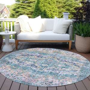 HomeRoots 8' Stylish Round Floral Rug in Denim Blue, Beige & Pink - Washable, Durable for Indoor/Outdoor Use 619921