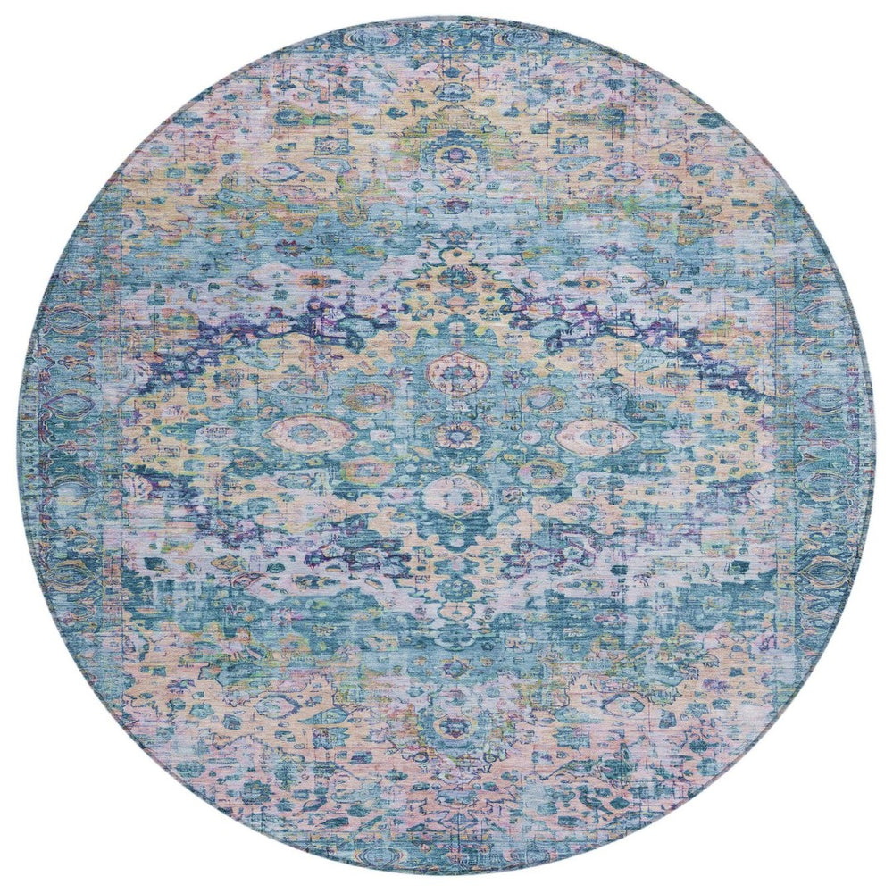 HomeRoots 8' Stylish Round Floral Rug in Denim Blue, Beige & Pink - Washable, Durable for Indoor/Outdoor Use 619921
