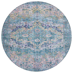 HomeRoots 8' Stylish Round Floral Rug in Denim Blue, Beige & Pink - Washable, Durable for Indoor/Outdoor Use 619921