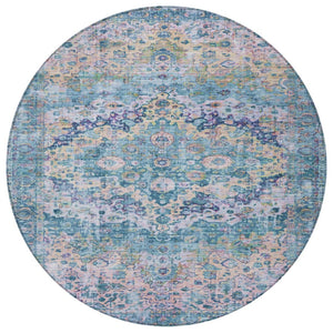 HomeRoots 8' Stylish Round Floral Rug in Denim Blue, Beige & Pink - Washable, Durable for Indoor/Outdoor Use 619921