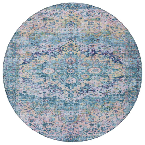 HomeRoots 8' Stylish Round Floral Rug in Denim Blue, Beige & Pink - Washable, Durable for Indoor/Outdoor Use 619921