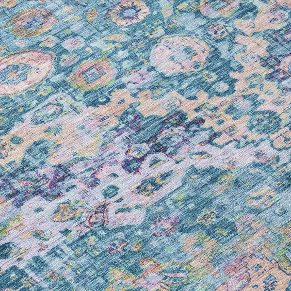 HomeRoots 8' Stylish Round Floral Rug in Denim Blue, Beige & Pink - Washable, Durable for Indoor/Outdoor Use 619921
