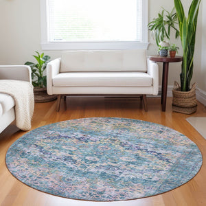 HomeRoots 8' Stylish Round Floral Rug in Denim Blue, Beige & Pink - Washable, Durable for Indoor/Outdoor Use 619921