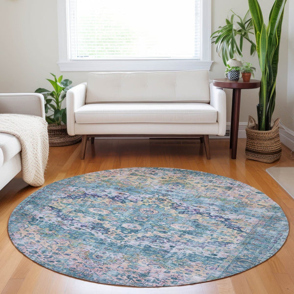 HomeRoots 8' Stylish Round Floral Rug in Denim Blue, Beige & Pink - Washable, Durable for Indoor/Outdoor Use 619921
