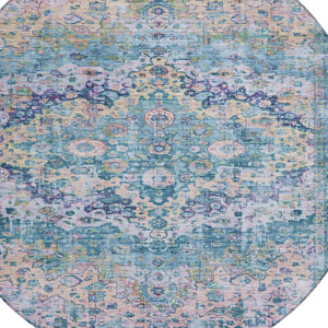 HomeRoots 8' Stylish Round Floral Rug in Denim Blue, Beige & Pink - Washable, Durable for Indoor/Outdoor Use 619921