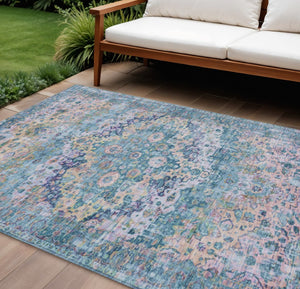 HomeRoots 8' X 10' Floral Denim Blue Beige Area Rug - Washable, Durable, Perfect for Indoors & Outdoors! 619922