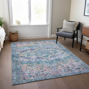 HomeRoots 8' X 10' Floral Denim Blue Beige Area Rug - Washable, Durable, Perfect for Indoors & Outdoors! 619922