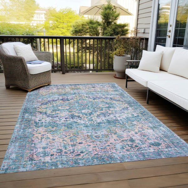 HomeRoots 9' Durable Denim Blue Floral Area Rug - Stylish Washable Design for Indoor & Outdoor Spaces 619923