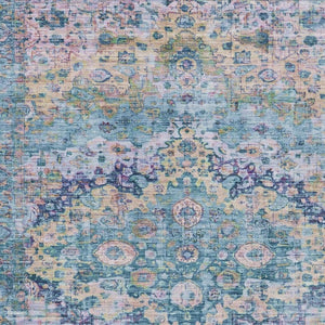 HomeRoots 10' Denim Blue, Beige & Pink Floral Washable Area Rug - Durable, Stylish for Indoor & Outdoor Use 619924