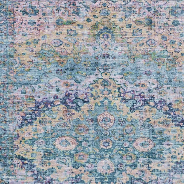 HomeRoots 10' Denim Blue, Beige & Pink Floral Washable Area Rug - Durable, Stylish for Indoor & Outdoor Use 619924