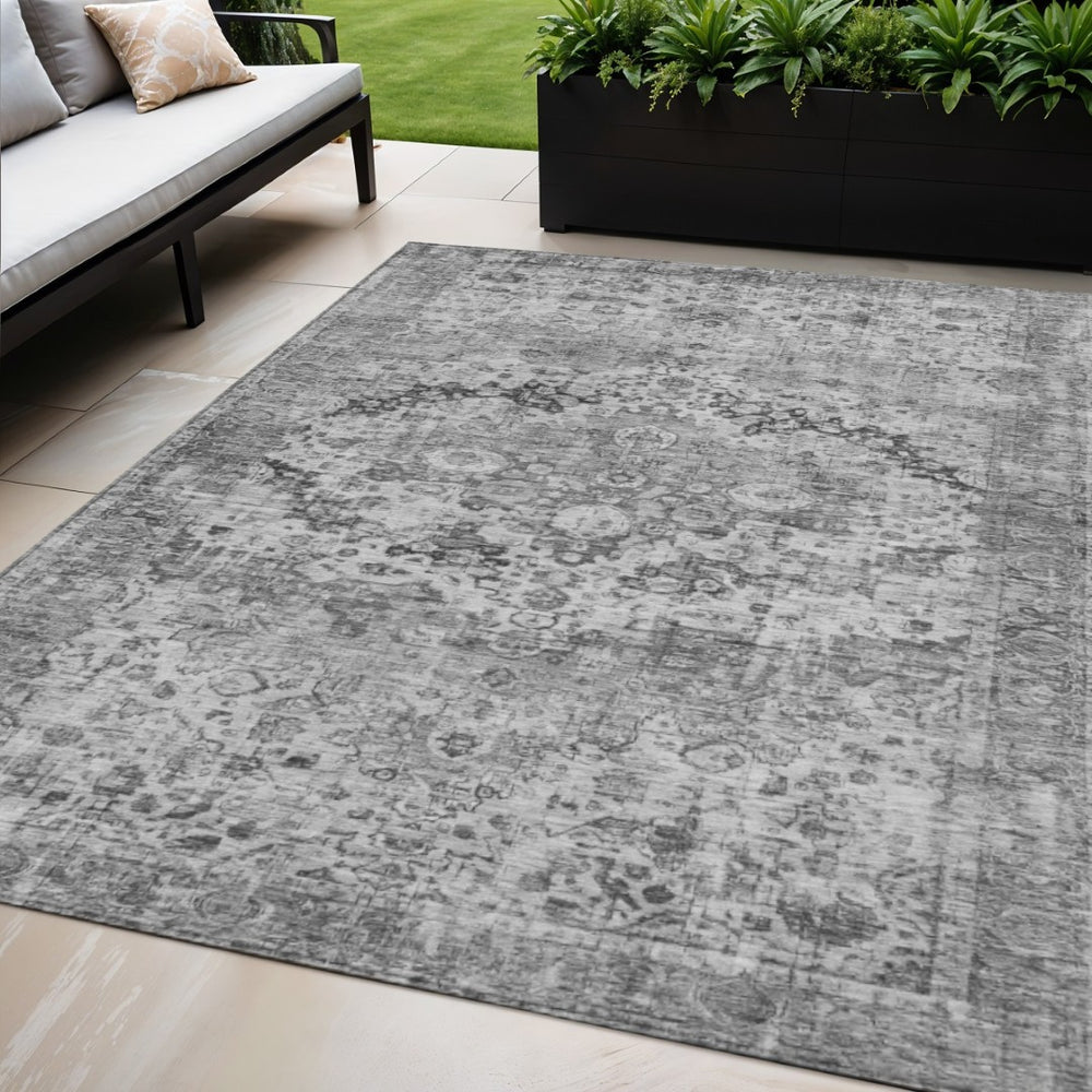 HomeRoots 5' X 8' Gray and Silver Floral Area Rug - Machine Washable, Durable for Indoor & Outdoor Use 619926