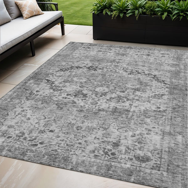 HomeRoots 5' X 8' Gray and Silver Floral Area Rug - Machine Washable, Durable for Indoor & Outdoor Use 619926
