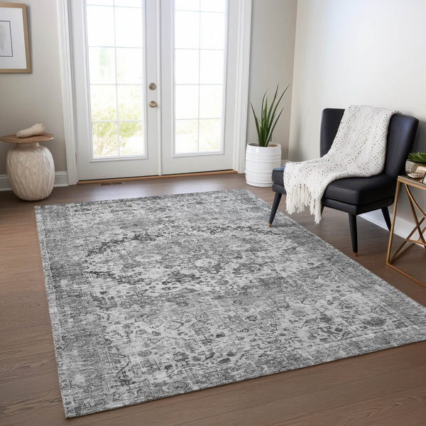 HomeRoots 5' X 8' Gray and Silver Floral Area Rug - Machine Washable, Durable for Indoor & Outdoor Use 619926