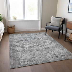 HomeRoots 5' X 8' Gray and Silver Floral Area Rug - Machine Washable, Durable for Indoor & Outdoor Use 619926
