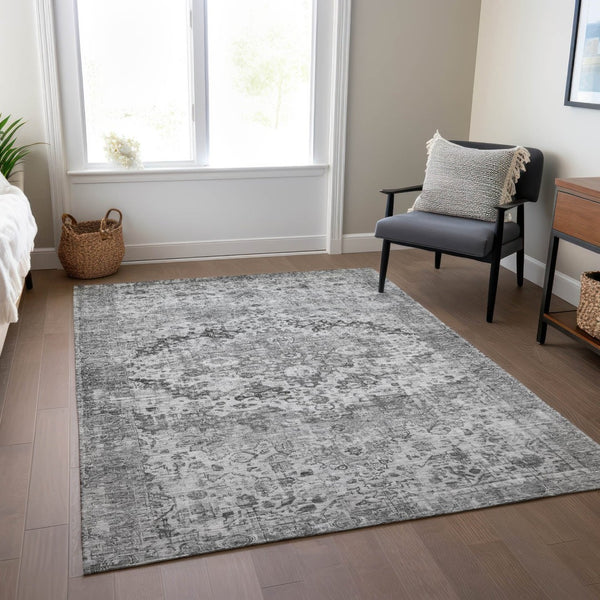 HomeRoots 5' X 8' Gray and Silver Floral Area Rug - Machine Washable, Durable for Indoor & Outdoor Use 619926