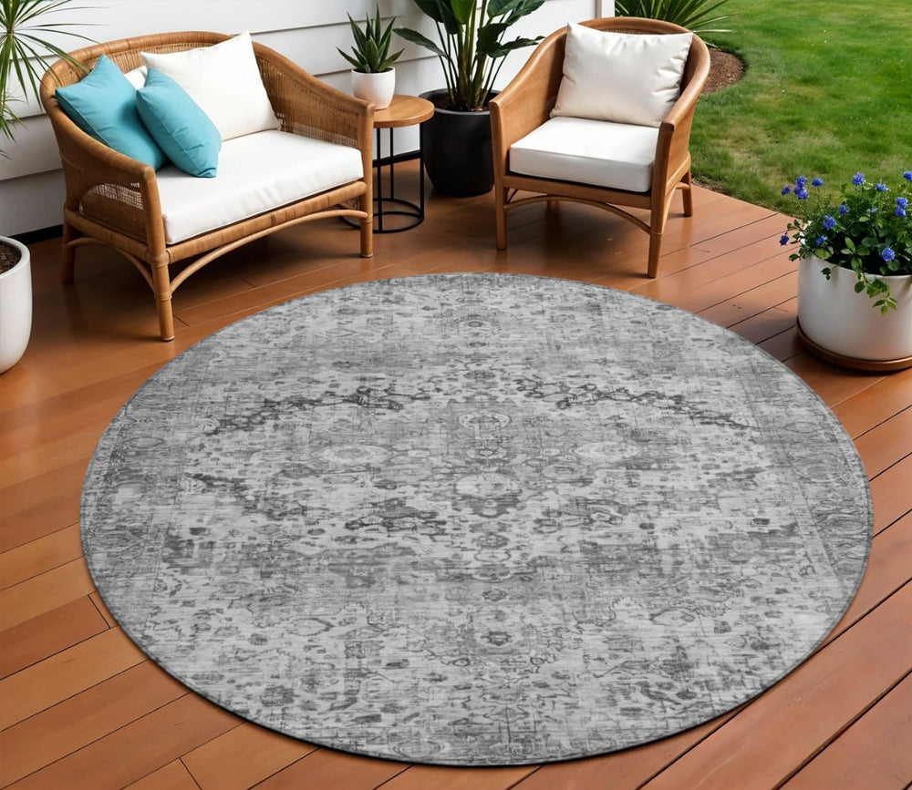 HomeRoots 8' Gray and Silver Round Floral Area Rug - Stylish, Washable, Indoor/Outdoor Design for Any Space 619927