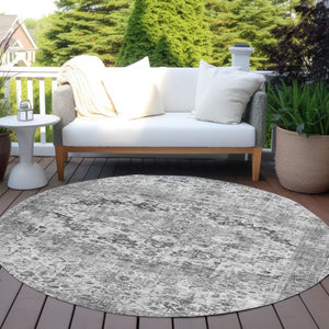 HomeRoots 8' Gray and Silver Round Floral Area Rug - Stylish, Washable, Indoor/Outdoor Design for Any Space 619927