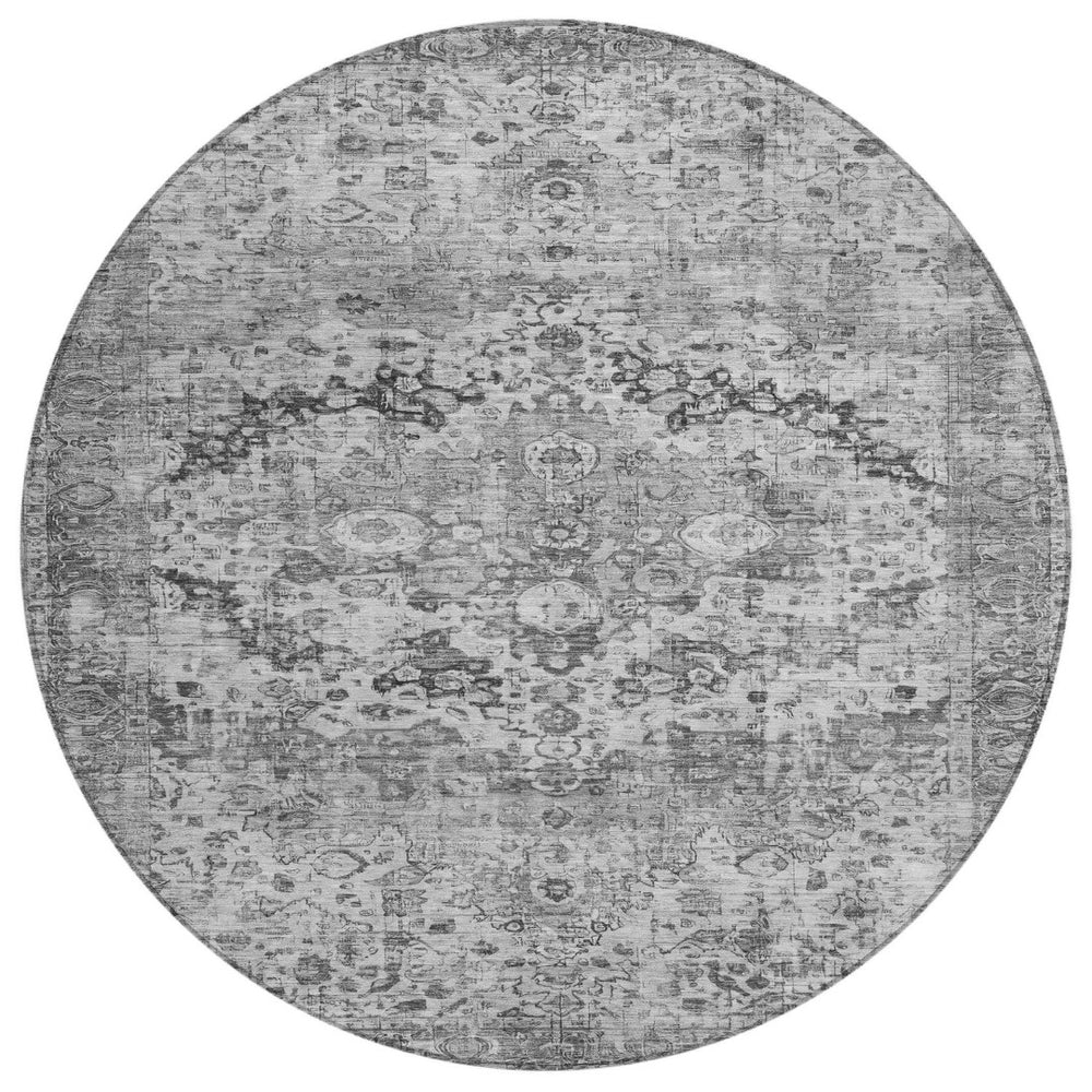 HomeRoots 8' Gray and Silver Round Floral Area Rug - Stylish, Washable, Indoor/Outdoor Design for Any Space 619927