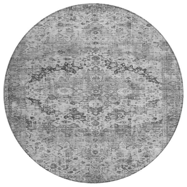 HomeRoots 8' Gray and Silver Round Floral Area Rug - Stylish, Washable, Indoor/Outdoor Design for Any Space 619927