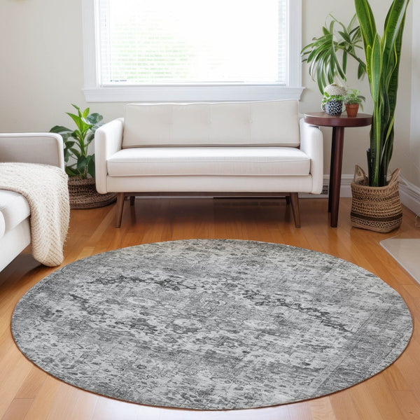 HomeRoots 8' Gray and Silver Round Floral Area Rug - Stylish, Washable, Indoor/Outdoor Design for Any Space 619927